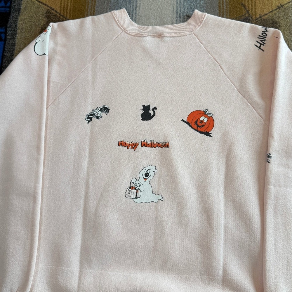 Vintage Fruit of the Loom Halloween Sweatshirt Pink Raglan Ghost Pumpkin Large - Picture 7 of 10